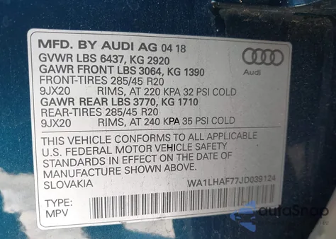 2018 Audi Q7 2.0T Premium from USA, damaged, VIN WA1LHAF77JD039124